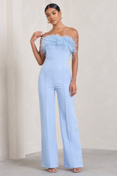 Blue Bandeau Feather Wide Leg jumpsuit